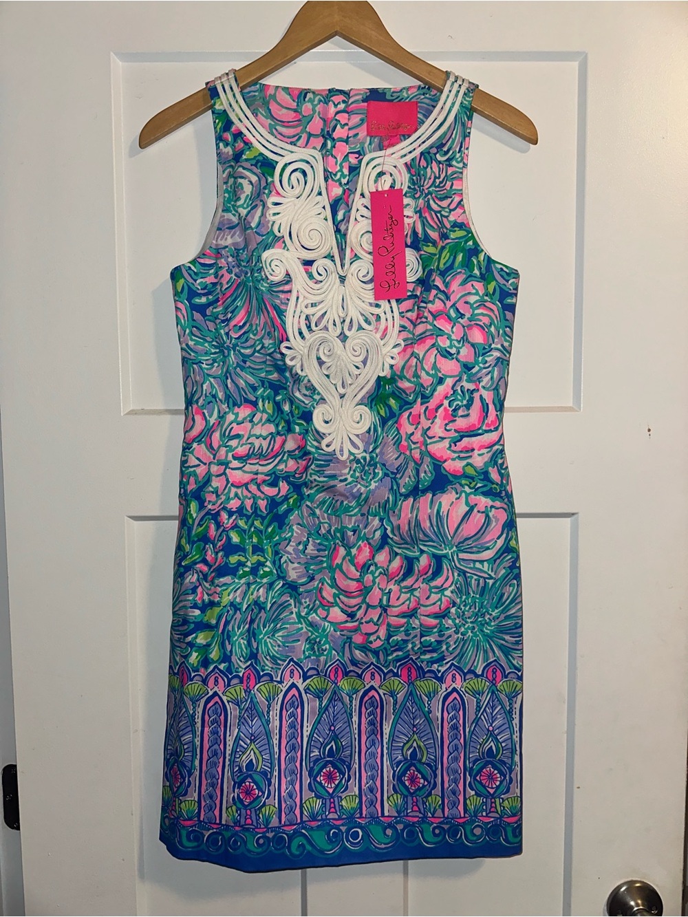 Gabby Sleeveless Floral Shift Dress with White Embroidered Detail - Pink & Blue